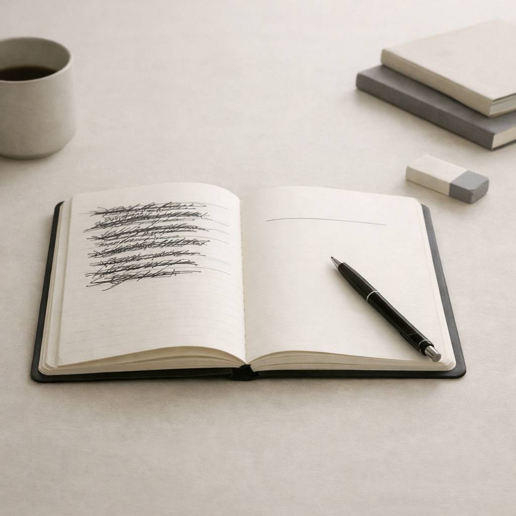 Minimalist desk scene with an open notebook. One page is heavily crossed out, the other is clean with a pen resting on it, symbolizing clarity after revision.