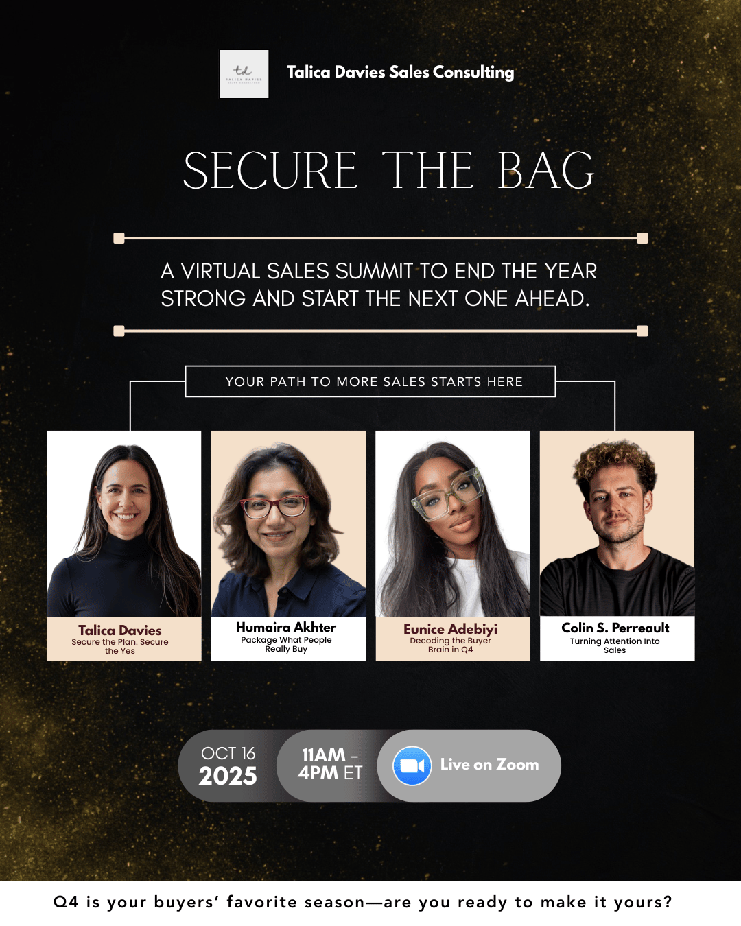 Flyer for the Secure the Bag Virtual Sales Summit hosted by Talica Davies