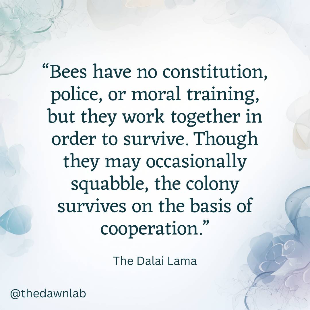 A quote from @thedawnlab on a soft pastel background from The Dalai Lama: "Bees have no constitution, police, or moral training, but they work together in order to survive. Though they may occasionally squabble, the colony survives on the basis of cooperation."