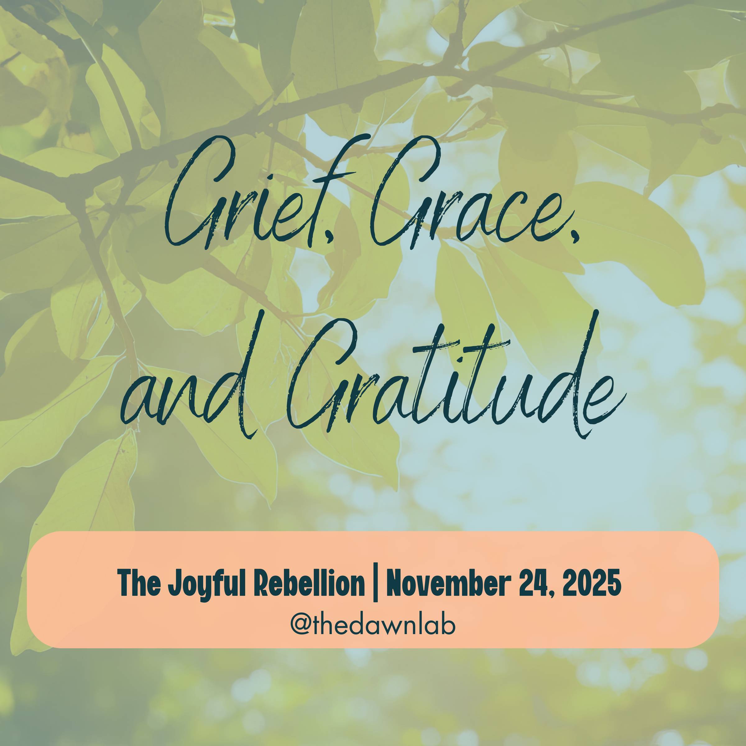 Grief, Grace and Gratitude, The Joyful Rebellion, November 24, 2025, @thedawnlab all over a picture of golden leaves.