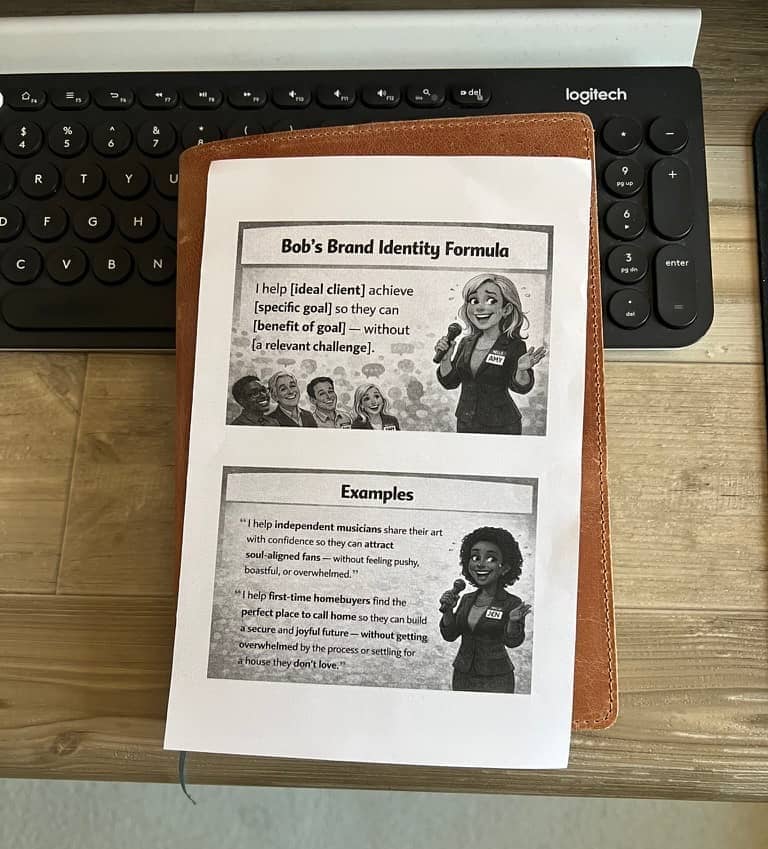 A half-sized letter sheet showing Brand Identity Formula and an example. The paper is on a desk.