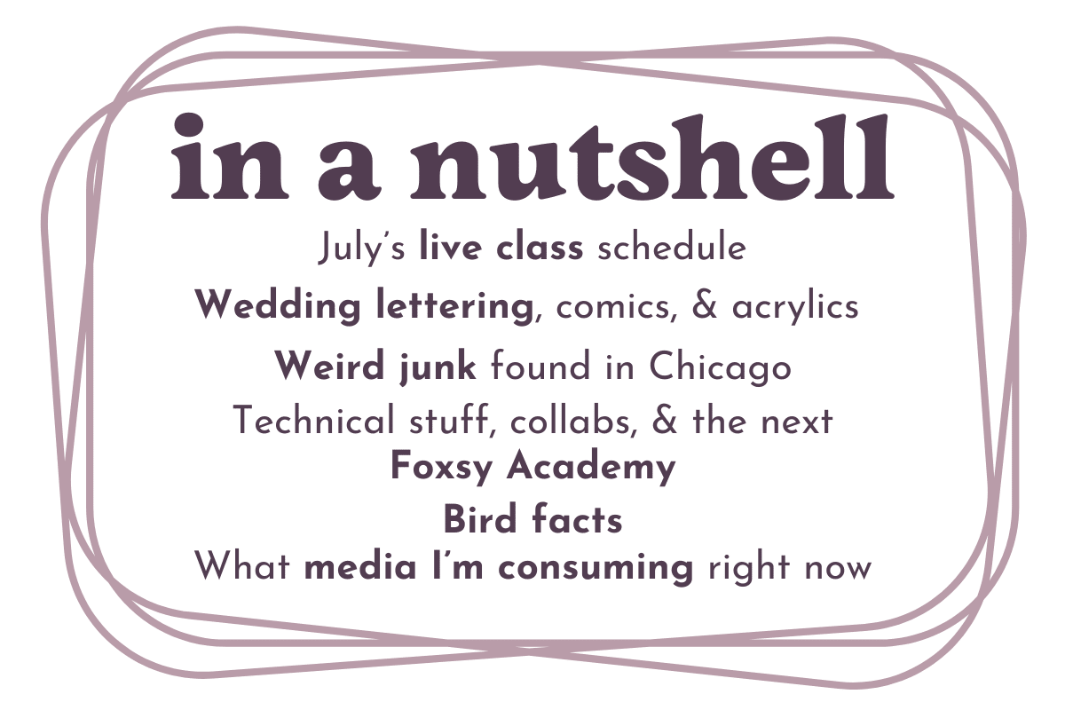 Image shows text that reads: in a nutshell, july's live class schedule, wedding lettering, comics, & acrylics, weird junk found in Chicago, technical stuff, collabs, and the next Foxsy academy, bird facts, what media I'm consuming right now.