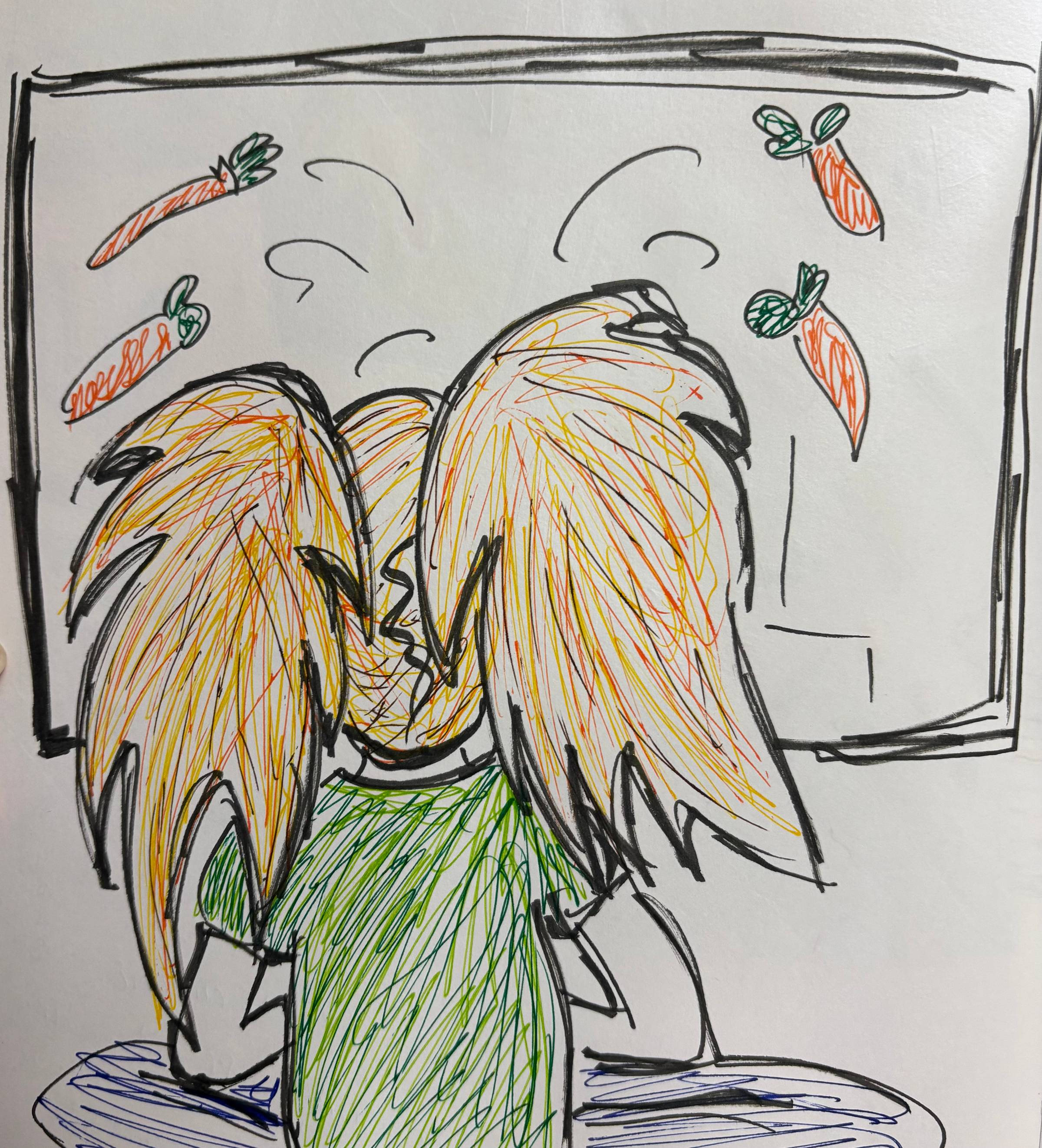 Quick cartoon of Ursula watching TV