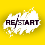 Logo with the word "RESTART" stylized as "RE|START" in bold, dark letters on a white, brushstroke-like background set against a bright yellow background.