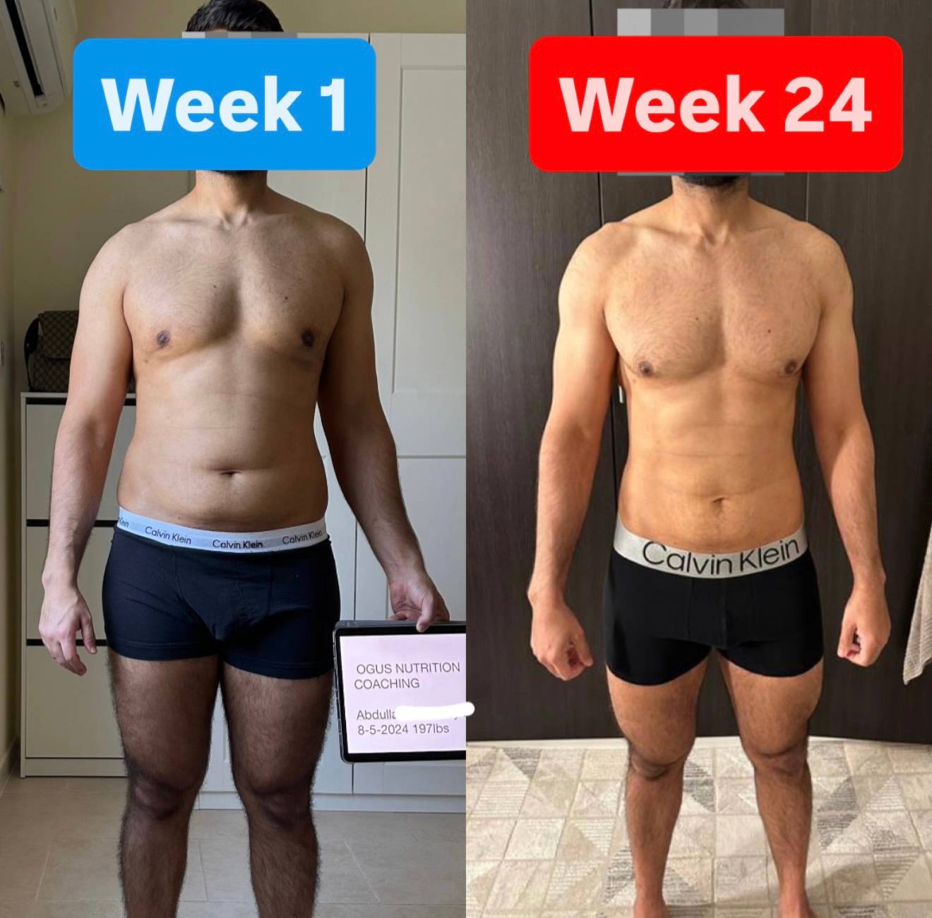 Side-by-side photos showing a man's fitness progress. Left: "Week 1" with less defined muscles. Right: "Week 24" with toned muscles. Shows transformation. Man lost 20 lbs of fat.