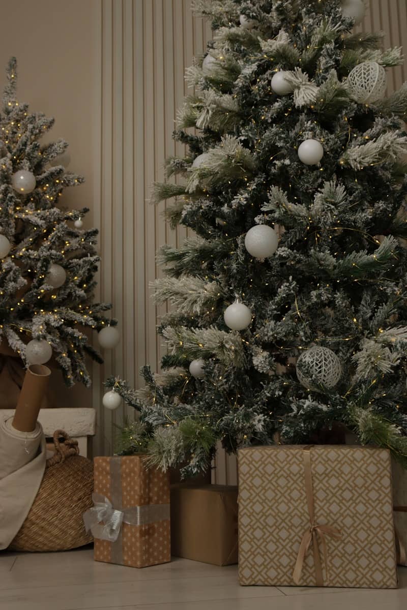 Two decorated christmas trees with gifts underneath.