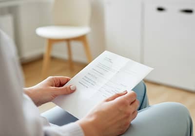 A woman holding a healthcare report