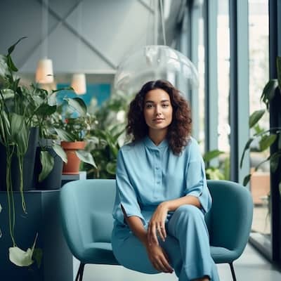 A woman in blue shirt. 