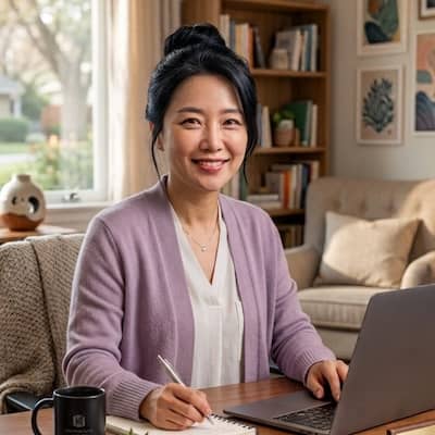 a professional woman in purple cardigan