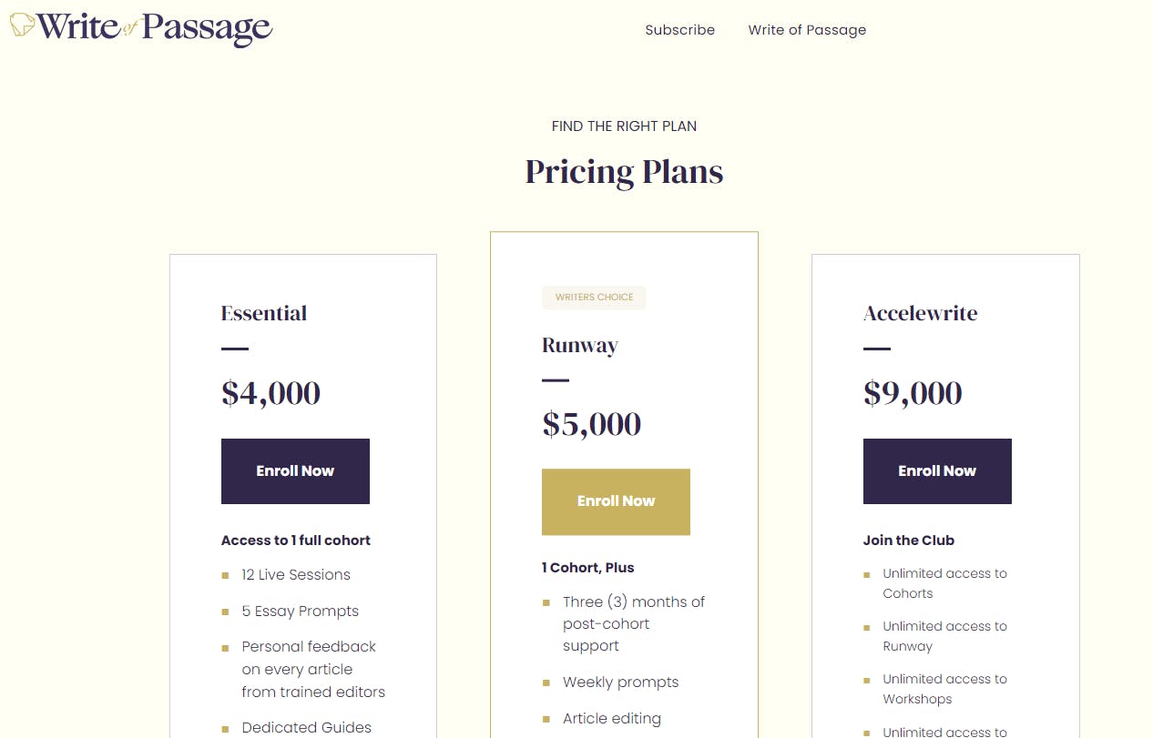 Write of passage pricing plan screenshot