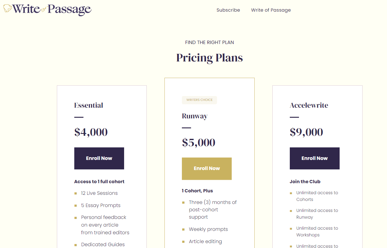 Write of passage pricing plan screenshot