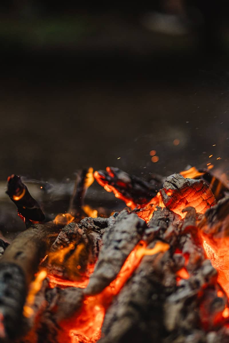 Glowing embers from a dying campfire.