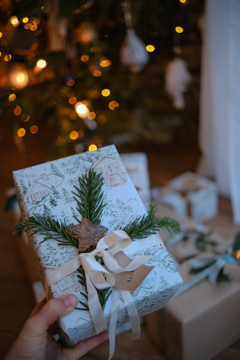 Hand holding a decorated christmas gift box.