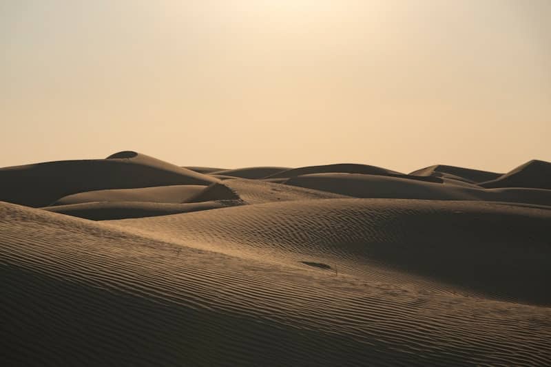 Golden sand dunes under a pale sky