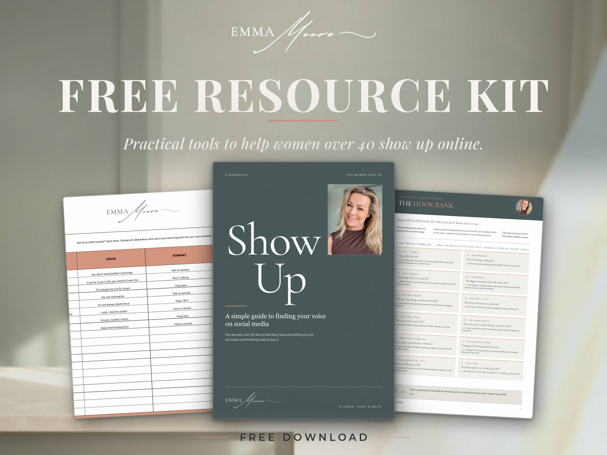 Show Up free resource kit for women over 40: workbook, hook bank and content spreadsheet