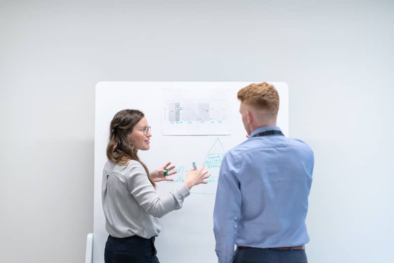 Team reviewing a whiteboard with details on it