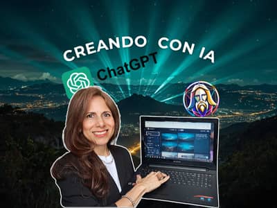 Solange Garcés Aguilar mostrando en su laptop la miniatura creada con inteligencia artificial para su curso online de marketing turístico, durante su serie documental detrás de cámaras.