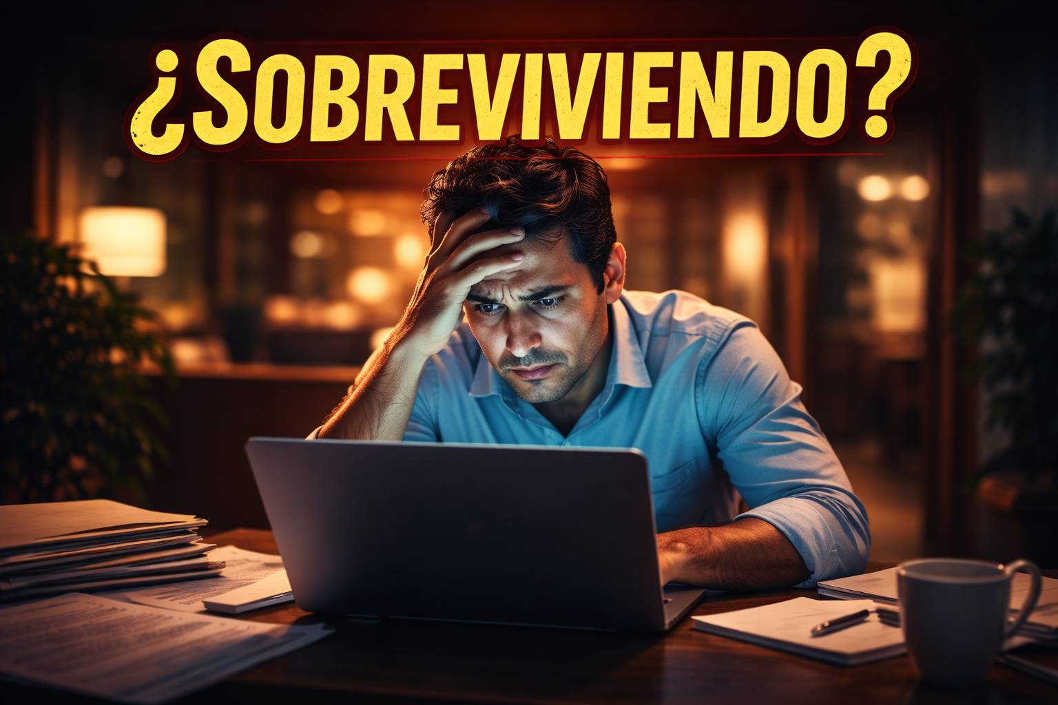 Empresario de turismo en Ecuador preocupado frente a su laptop analizando resultados de su negocio en 2026