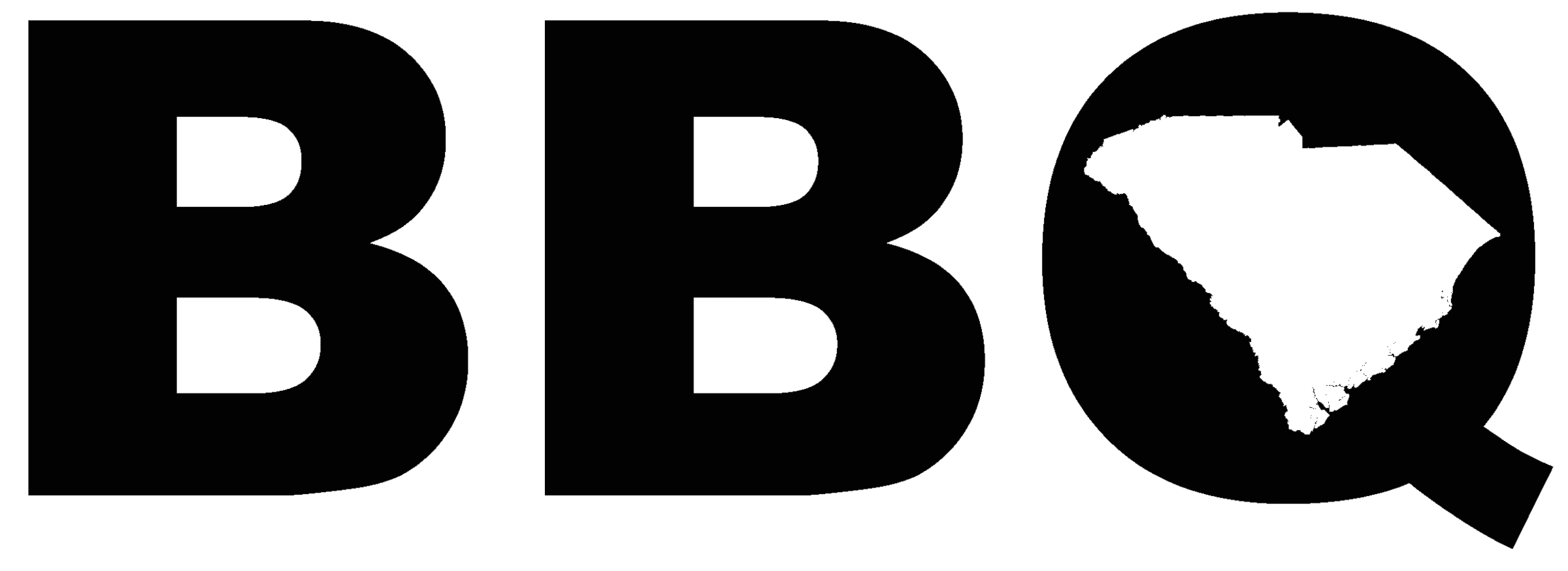SC BBQ Logo using the letters BBQ with a silhouette of SC forming the hole in the Q. 