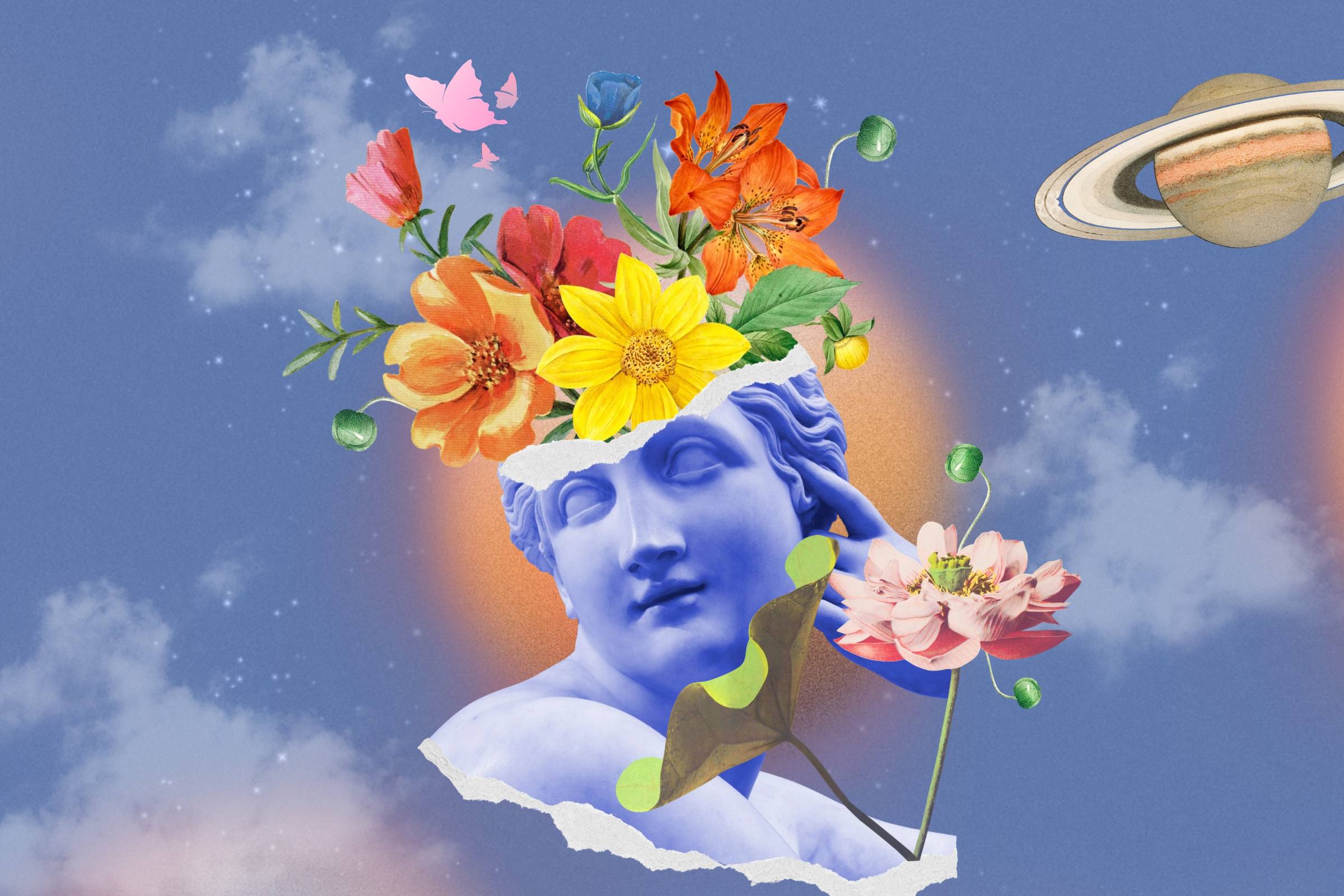 Image of a bust with flowers blooming out of the top of its head