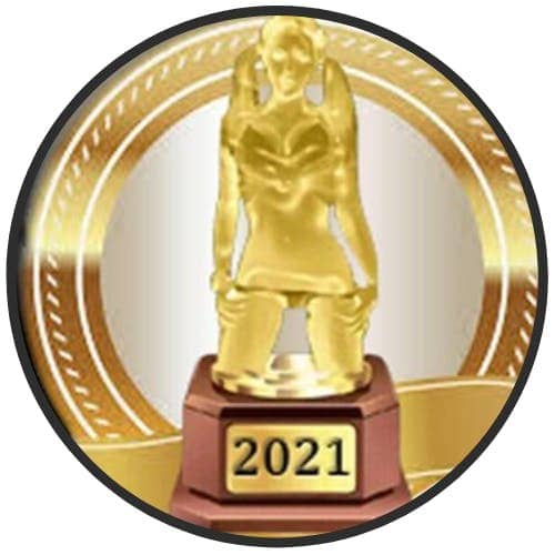 Icon for The Golden Pigtail Awards, showing an Oscar-style statuette  in gold.of a young woman in pigtails cast