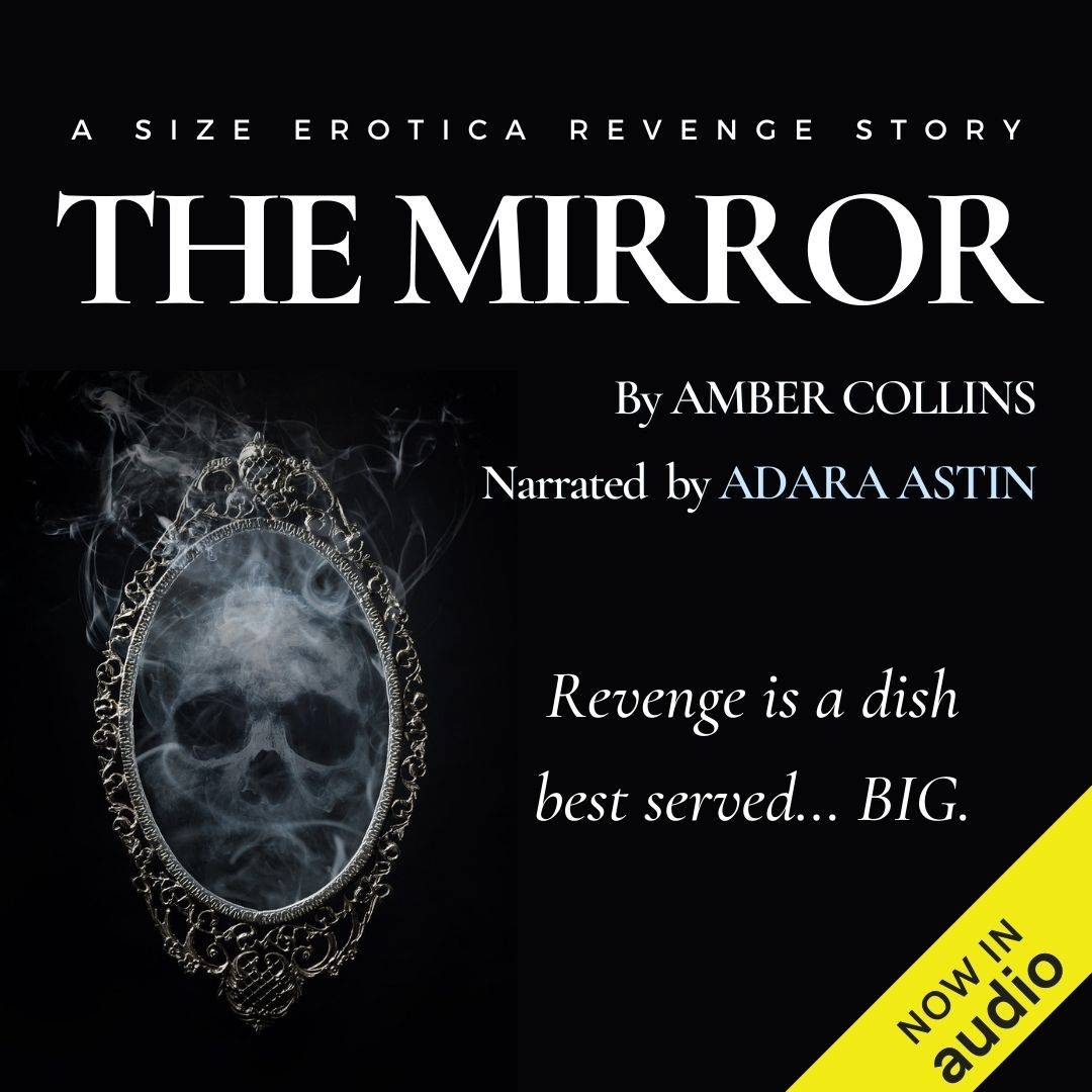 The audiobook cover of The Mirror by Amber Collins, narrated by Adara Astin, illustrated with an ornate antique mirror displaying a spooky skull made of smoke.