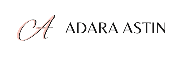 A stylized, cursive script capital "A", in light pink with a drop shadow in dark chocolate brown, followed by the name in bold dark brown letters: "Adara Astin".
