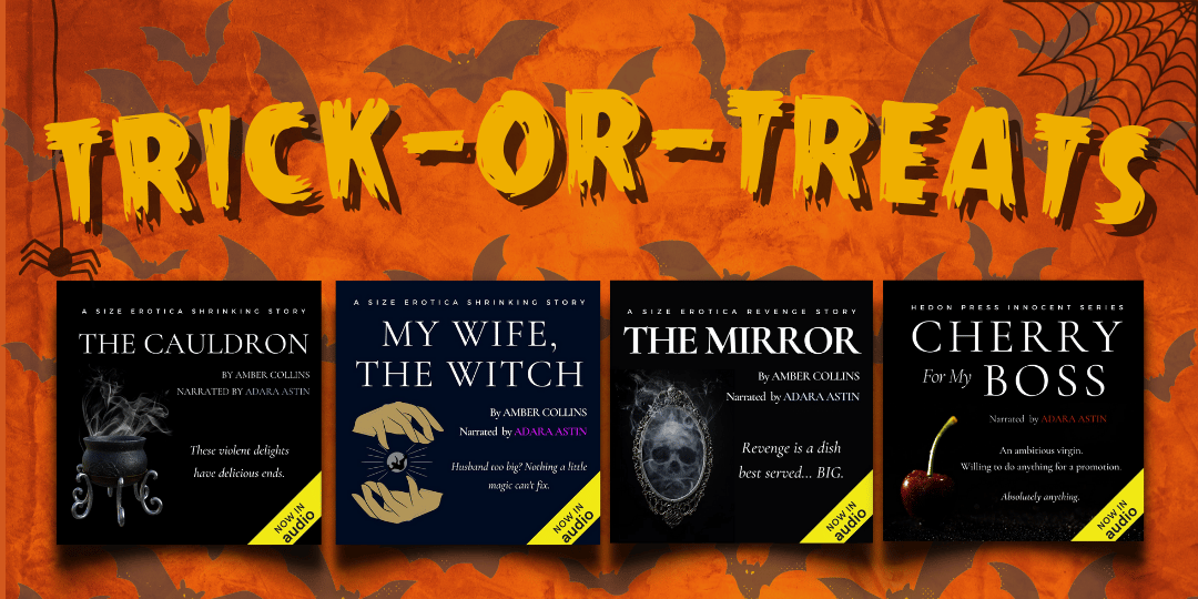 An orange background with silhouettes of flying bats.  The title says: "Trick-or-Treats". Beneath that is a row of audiobook covers for The Cauldron, My Wife The Witch, The Mirror, and Cherry for My Boss.