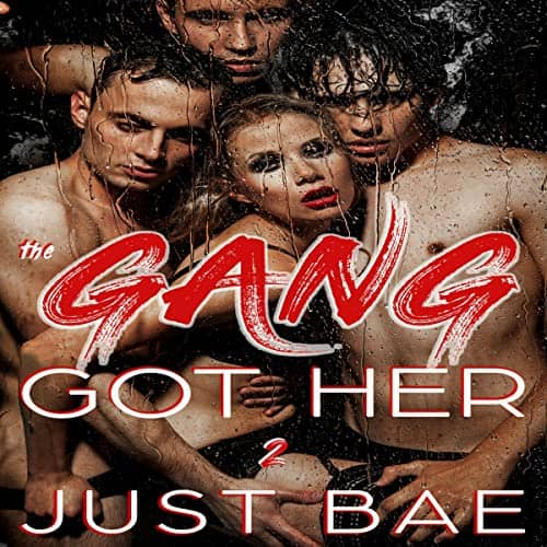 Audiobook cover. Three shirtless, sweaty man surround a scantily glad woman. Overtop the text: "The Gang Got Her 2" by Just Bae.