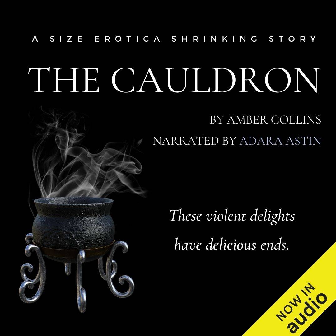 Audiobook cover for The Cauldron by Amber Collins, narrated by Adara Astin, illustrated with a spooky witch's cauldron