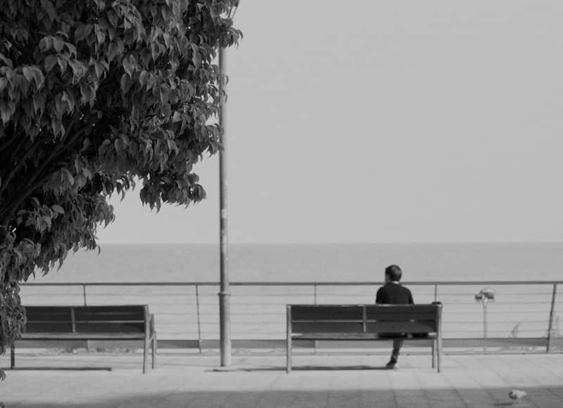Person sitting on a bench overlooking the ocean.
