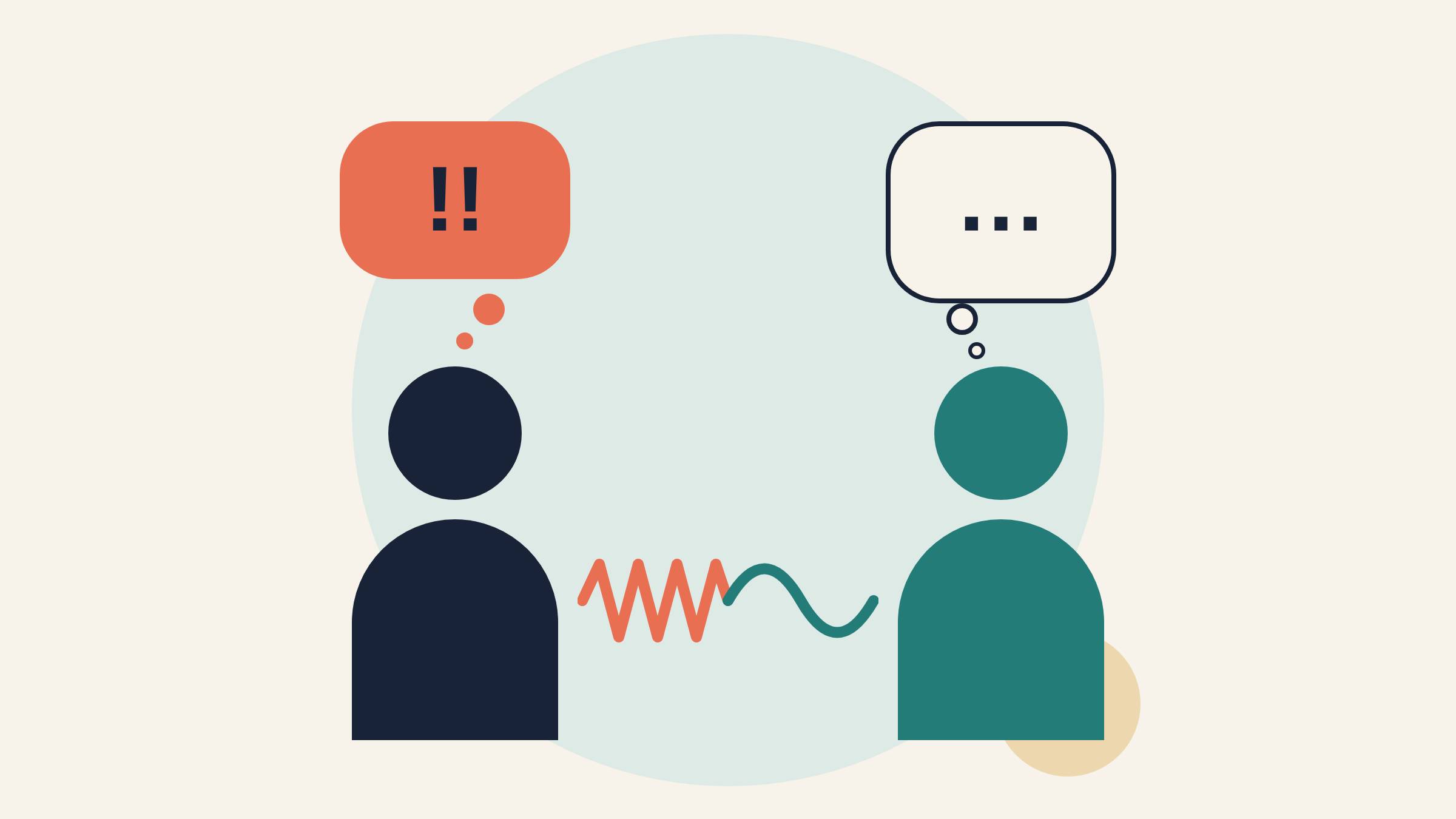 A frustrated leader and a worried team member, with a jagged line between them turning into a calm wave.