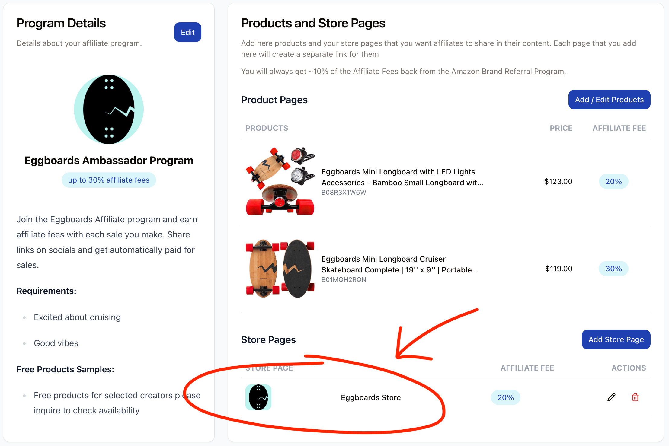 Coral showing Amazon Store page linked to an affiliate program