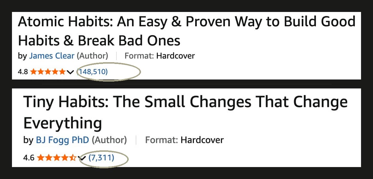 Amazon listings: Atomic Habits with 148,510 ratings versus Tiny Habits with 7,311