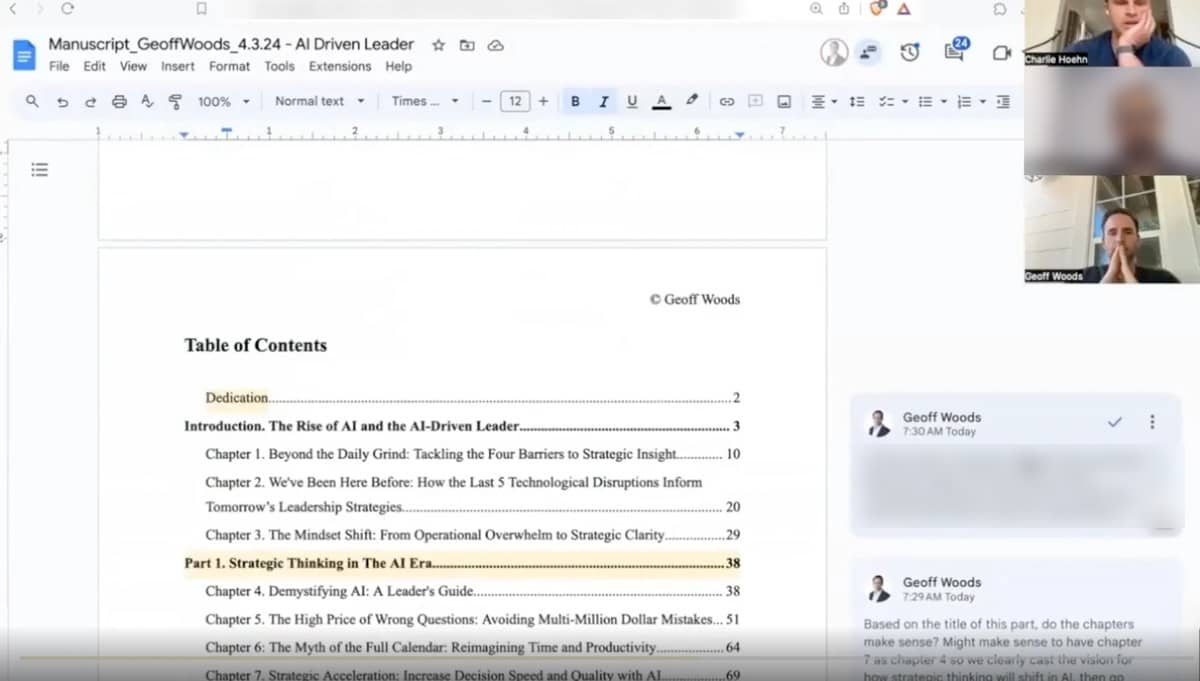 Geoff Woods&rsquo;s draft table of contents for The AI-Driven Leader on a video call with Charlie Hoehn, with Geoff&rsquo;s comment suggesting chapter 7 move up to chapter 4