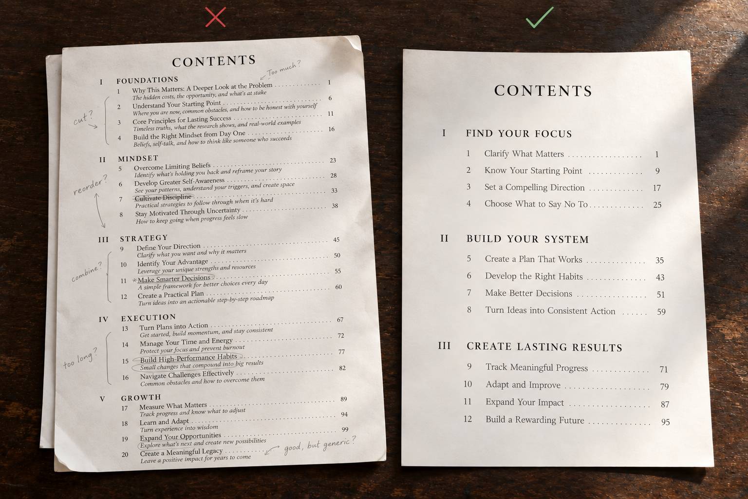 A book&rsquo;s table of contents, before and after editing