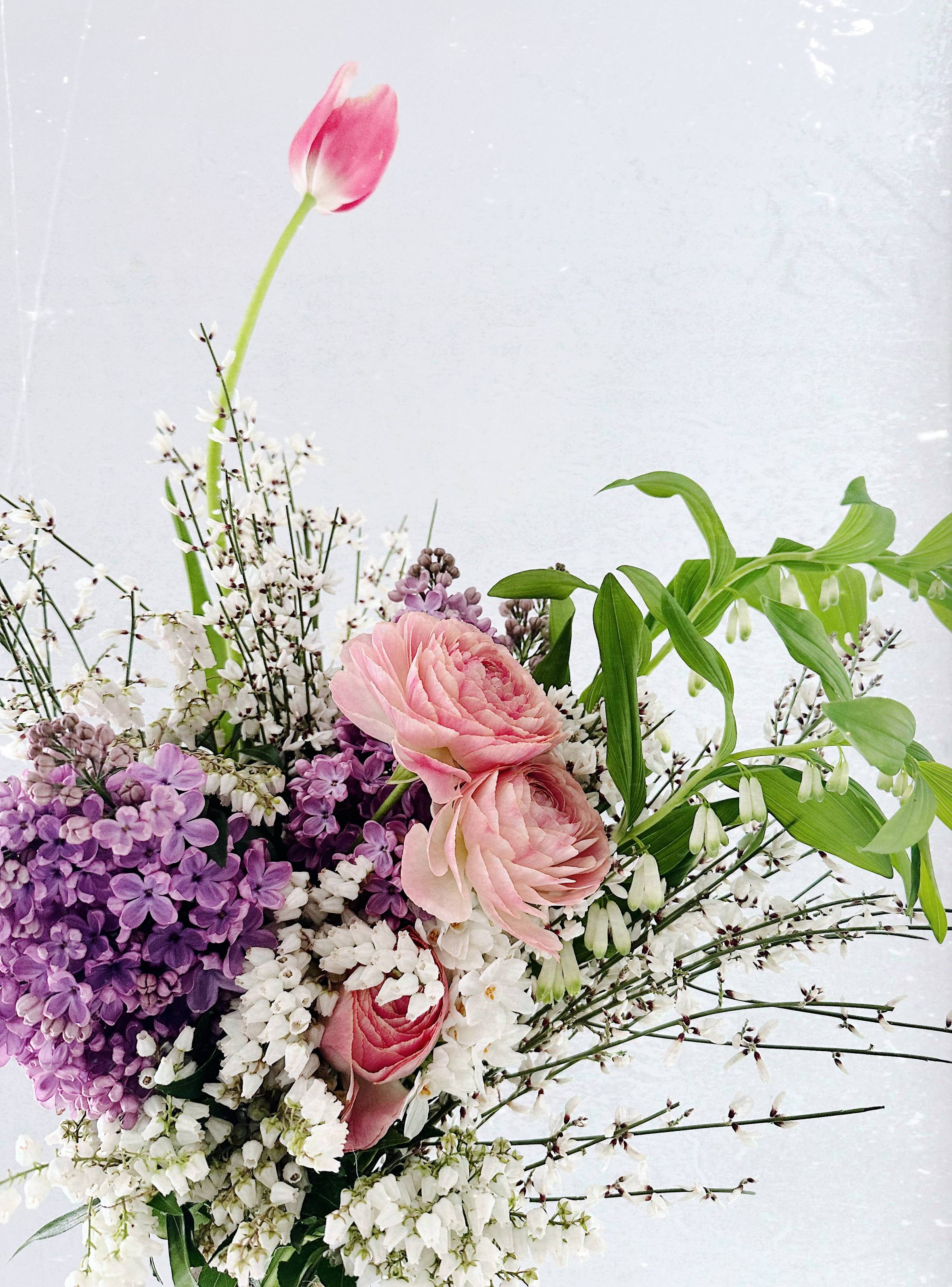 Flowers: pink, purple and white