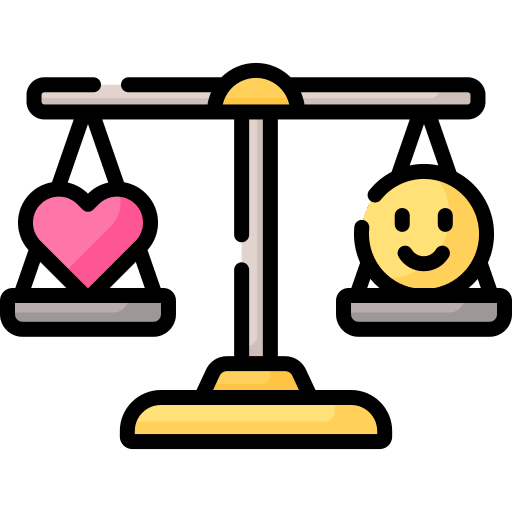 An illustration of a scale with a heart on one side and a smiling face on the other.