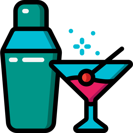 An illustration of a cocktail shaker and a martini glass.