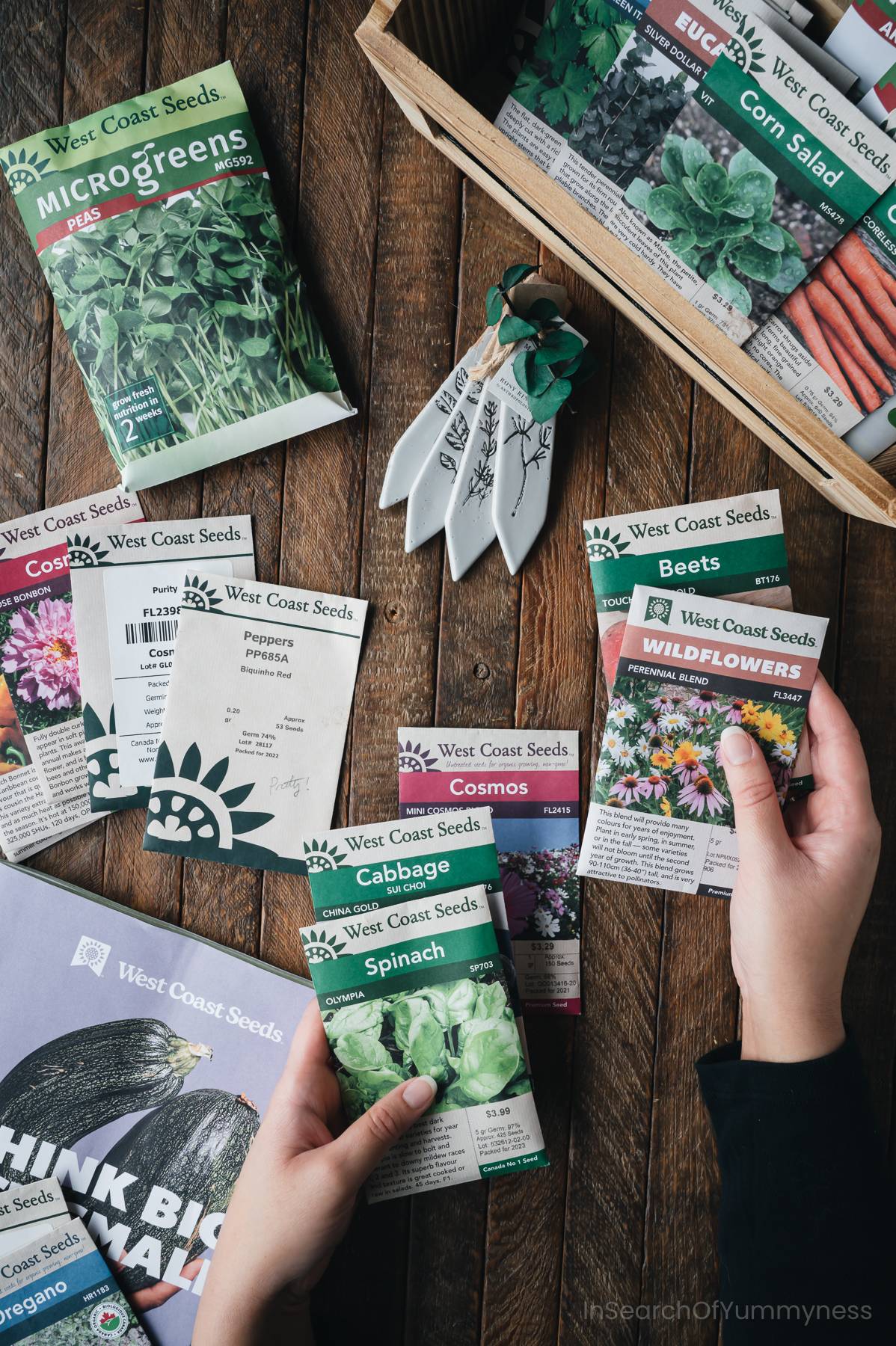 A pair of hands holding West Coast Seeds seed packets next to some plant tags.