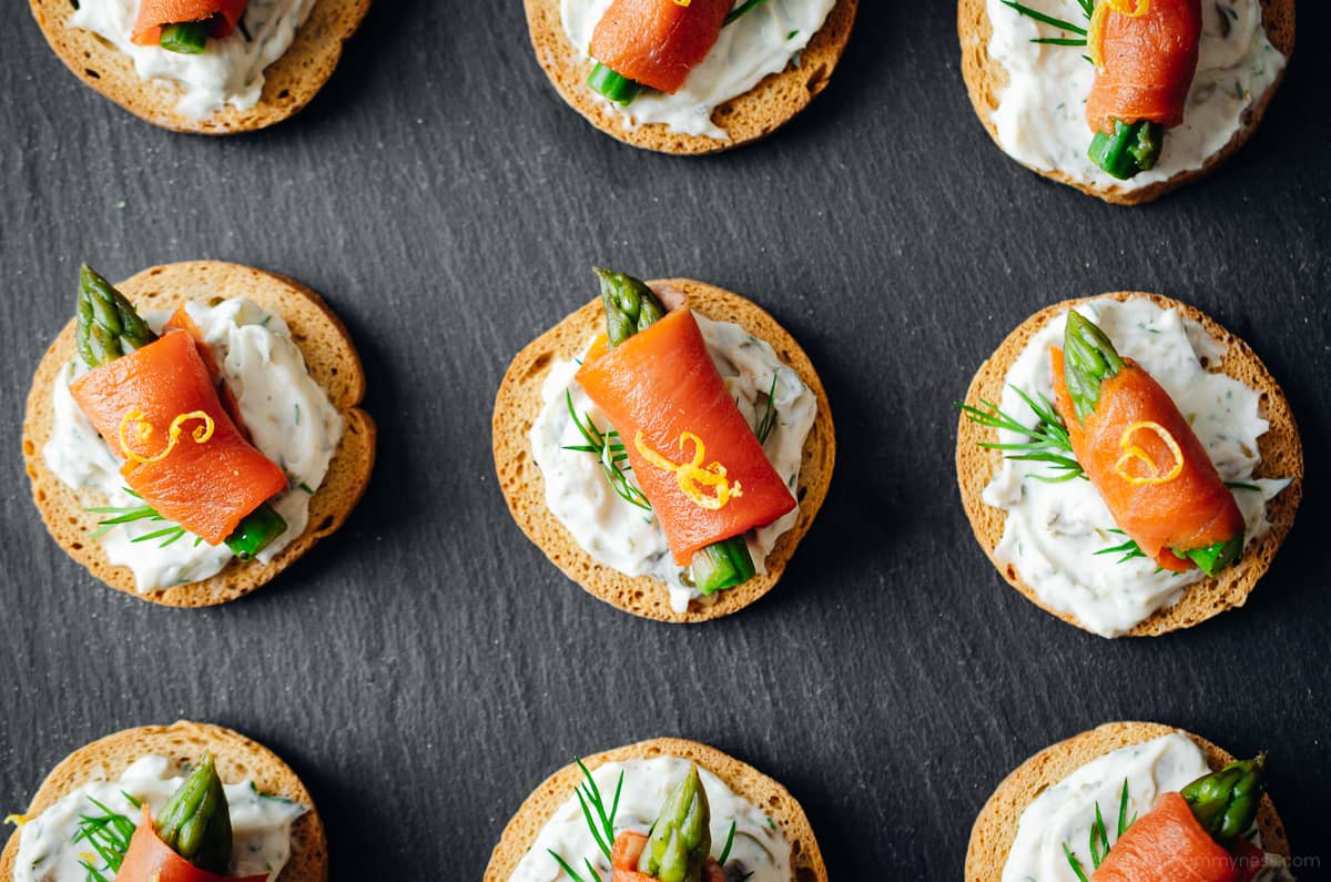 A platter of smoked salmon canapes.