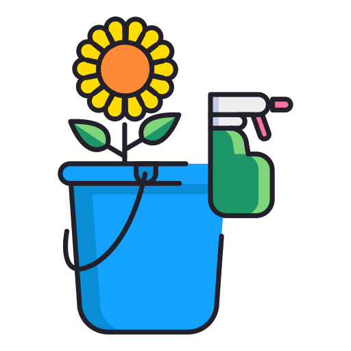 An illustration of a bucket with a spray bottle and a sunflower.