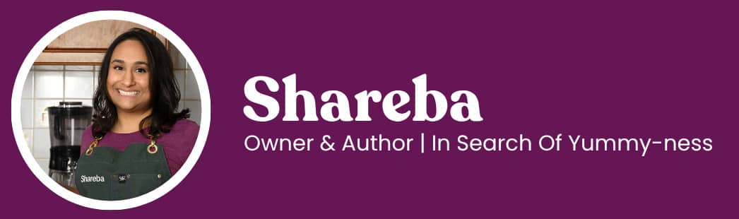 A photo of Shareba in a purple banner. Text says "Owner and Author. In Search Of Yummy-ness".