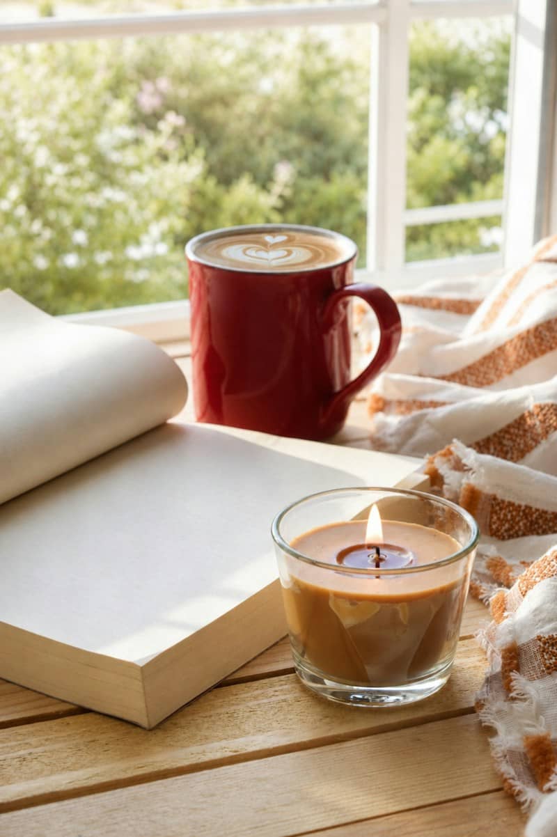 A red mug of latte, an open book, and a lit candle on a table