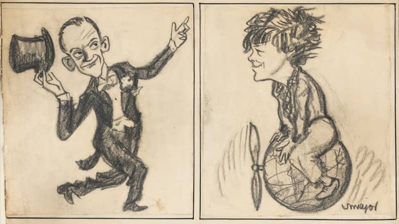Cartoon man in tuxedo and person on globe with propeller.