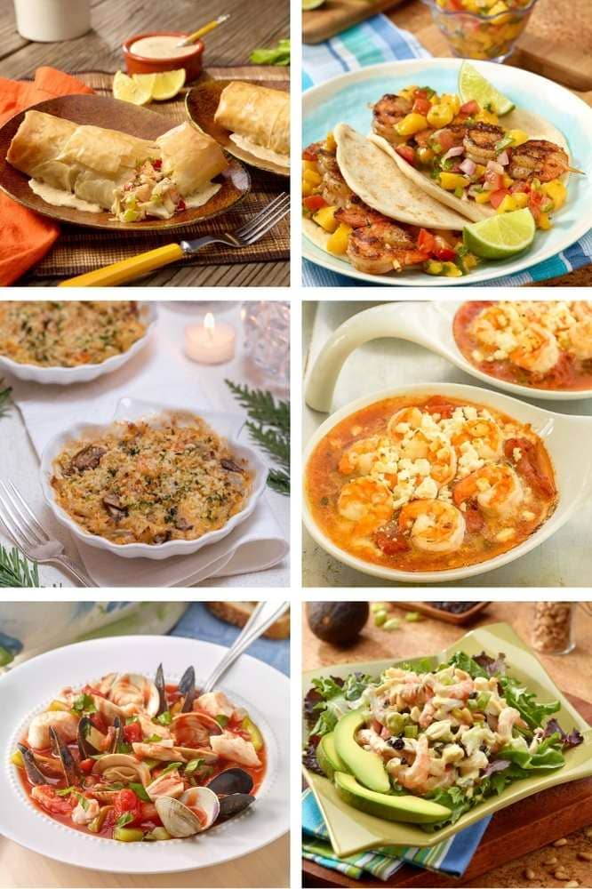 collage of the 6 seafood recipes included in the newsletter.