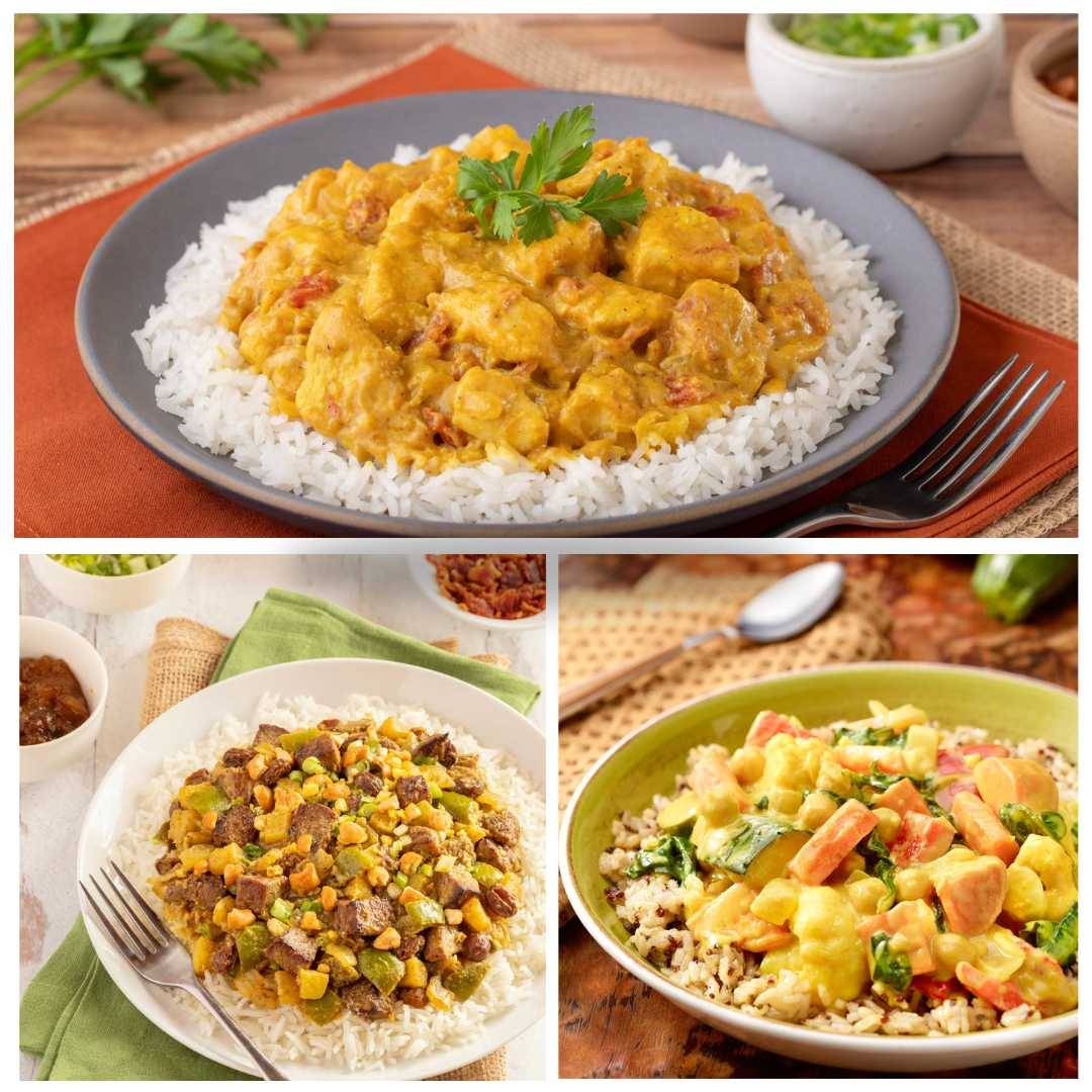 collage of 3 different curry dishes - chicken, lamb, and vegetable