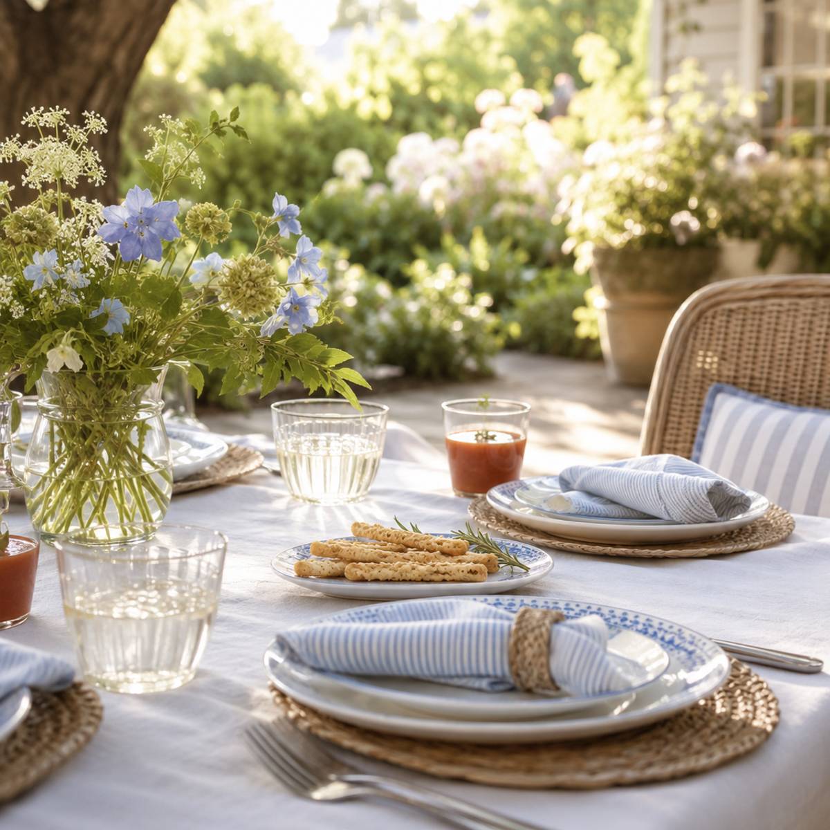 table set for dinner on a patio with bushes in the background.