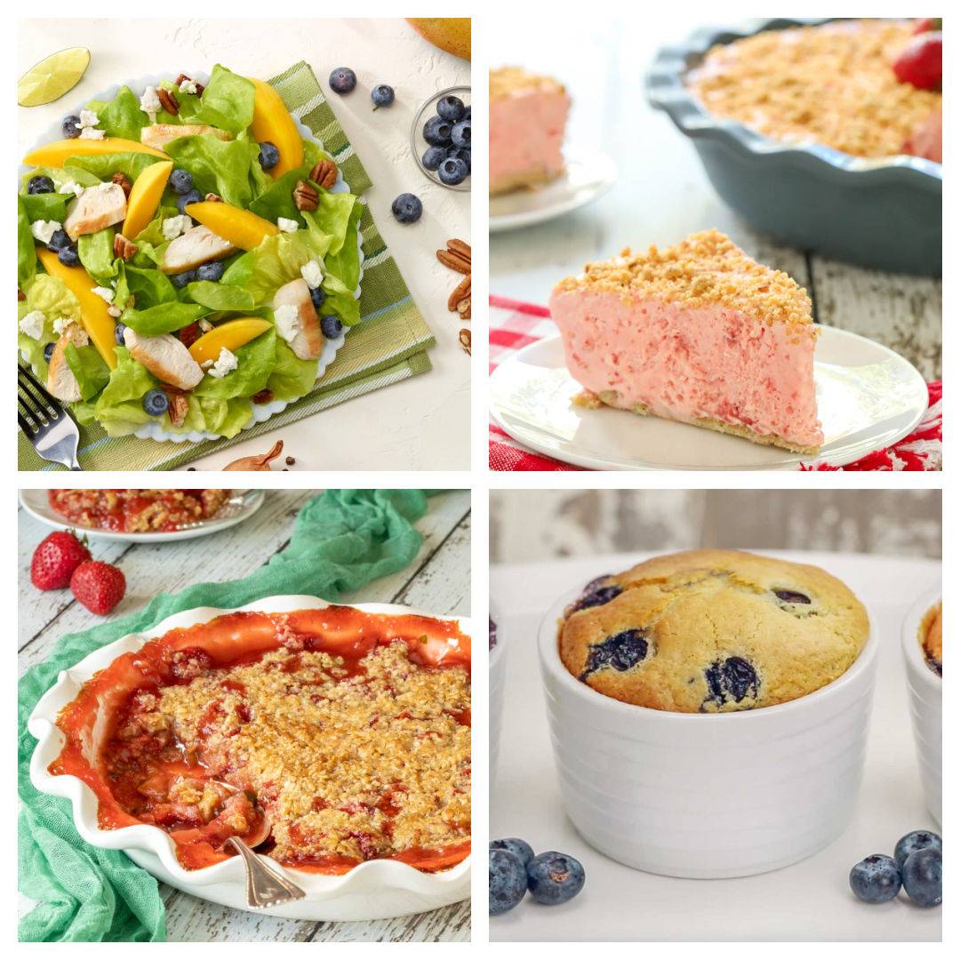 Strawberry and blueberry recipes including chicken salad with mango, strawberry cream pie, berry crisp, and blueberry muffin.