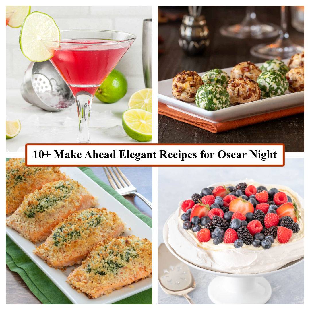 Photo collage of 4 recipes for an Oscar party that are included in the post.